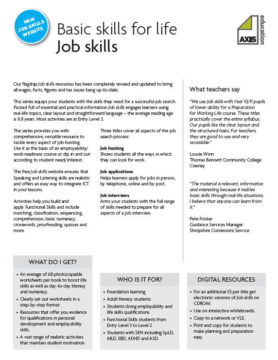 A Selection Of 5 Worksheets From Axis Education's Job Skills