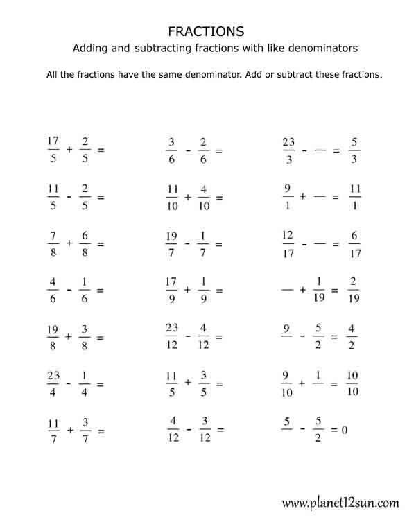 4th Grade  Adding And Subtracting Fractions With The Same