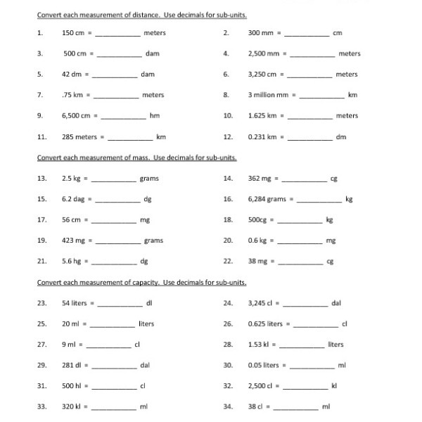 Eighth Grade Converting Metric Units Worksheet 05 â One Page