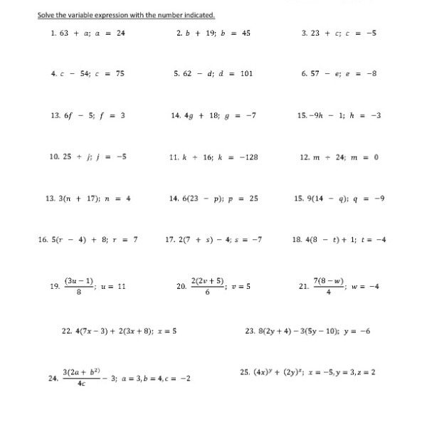 Eighth Grade Evaluating Variable Expressions Worksheet 05 â One