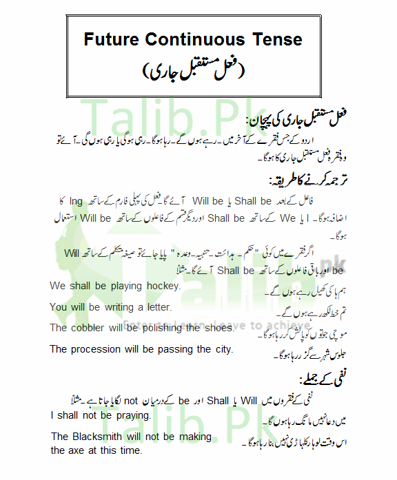 Future Continuous Tense In Urdu And English Exercise Sentence