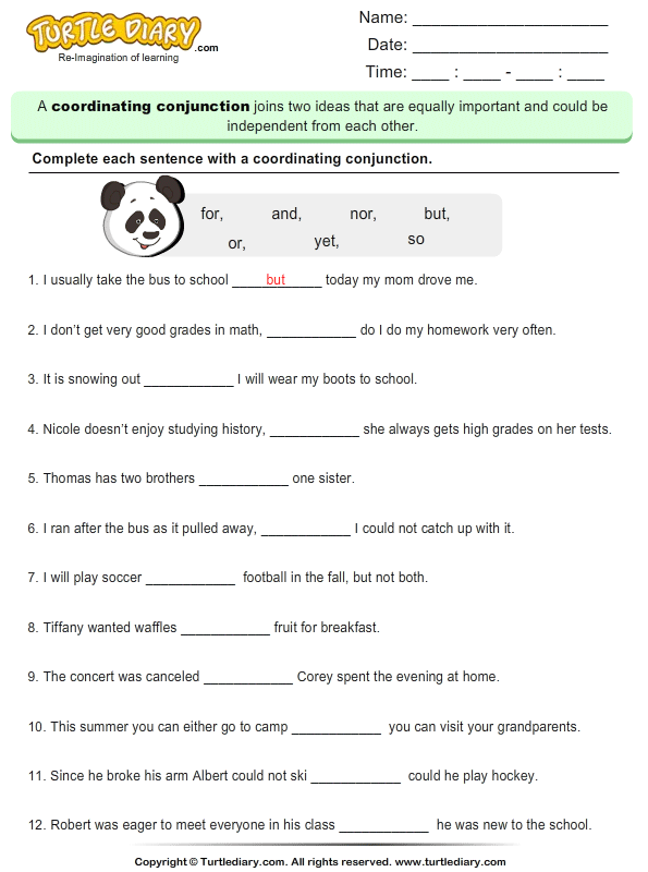 Fill In The Blank With Coordinating Conjunction Worksheet
