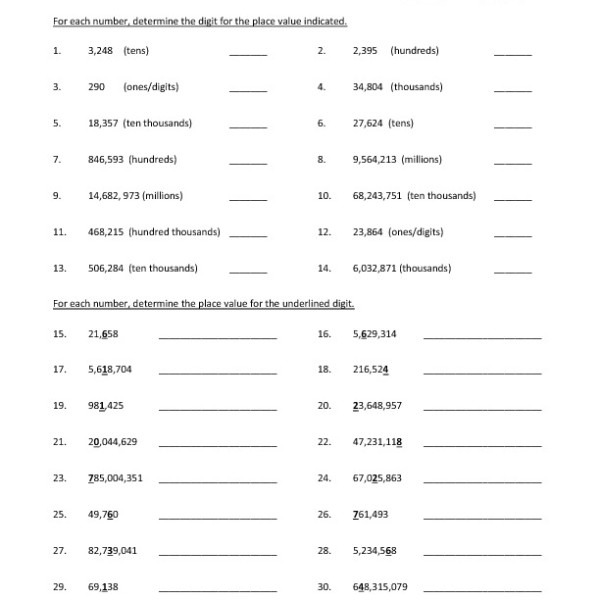 Fourth Grade Whole Number Place Values Worksheet 05 â One Page