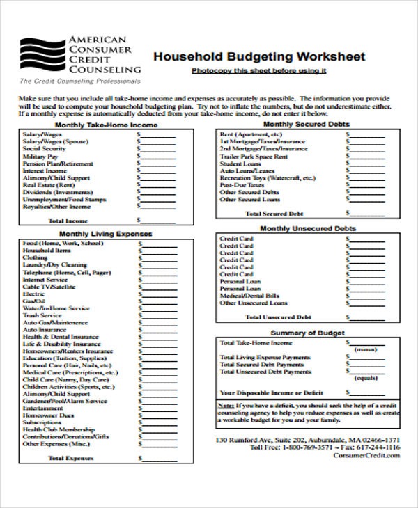 Home Budgeting Worksheets