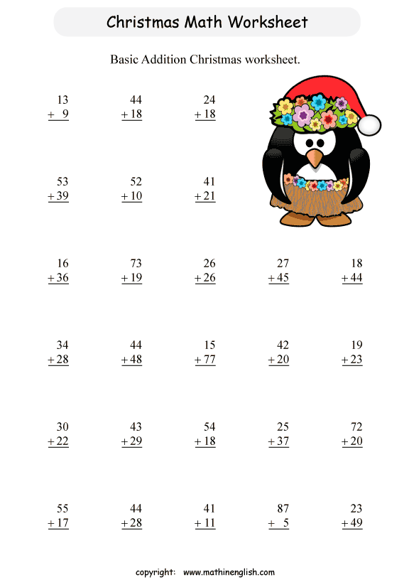 Printable Christmas Addition Worksheet For Grade 1 Students
