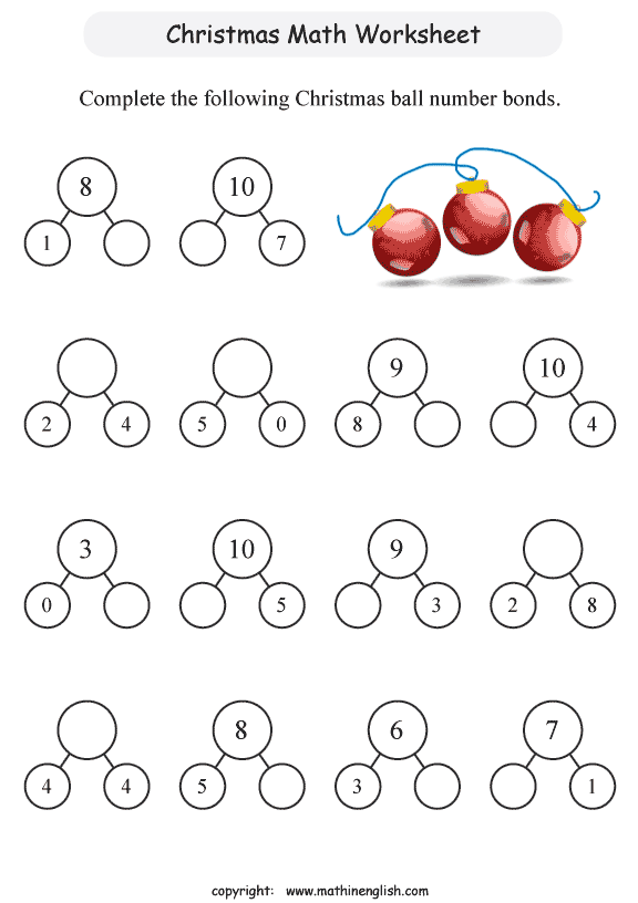 Printable Christmas Math Number Bond Worksheet For Grade 1 Students