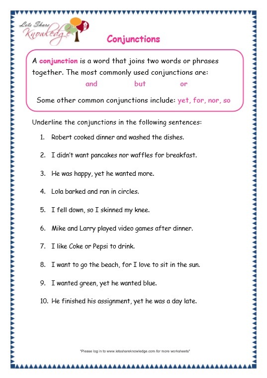 Conjunction Worksheets 3th Grade