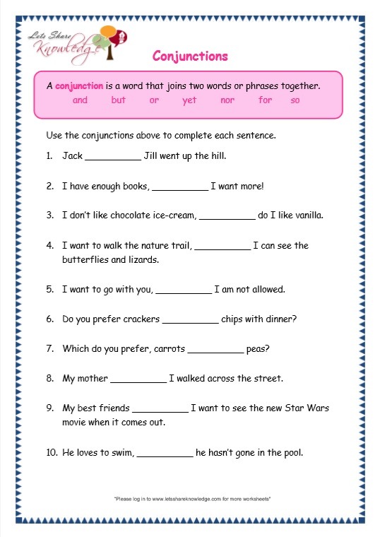 Grade 3 Grammar Topic 19  Conjunctions Worksheets