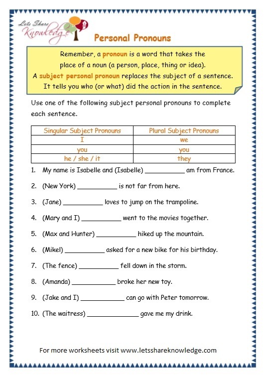 Grade 3 Grammar Topic 10  Personal Pronouns Worksheets