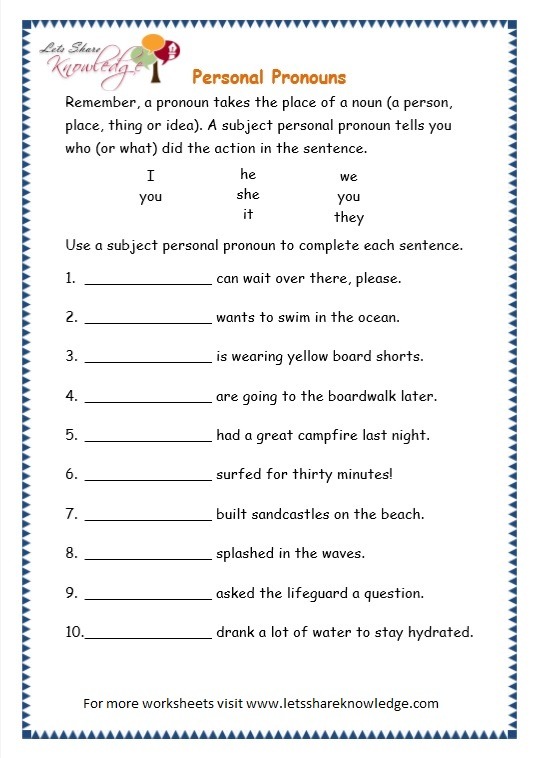 Grade 3 Grammar Topic 10  Personal Pronouns Worksheets