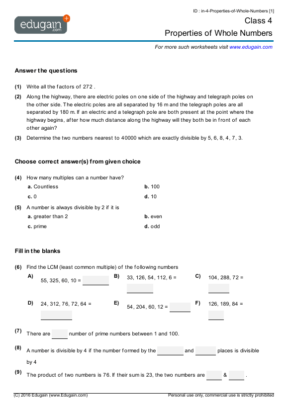 Year 4 Math Worksheets And Problems  Properties Of Whole Numbers