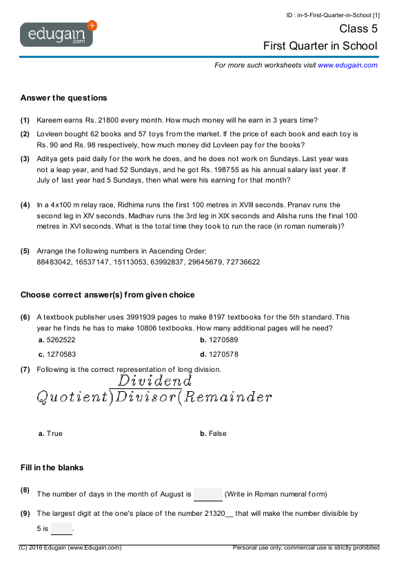 Grade 5 Math Worksheets And Problems  First Quarter In School