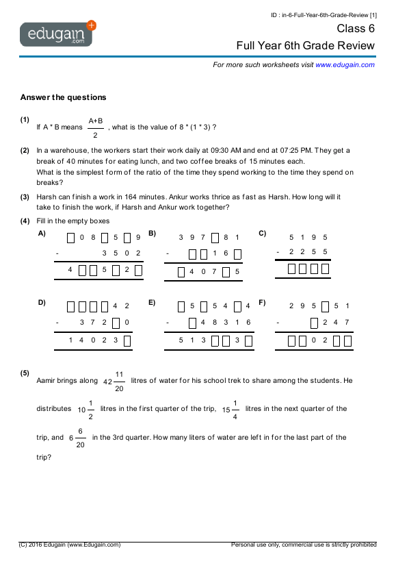 Grade 6 Math Worksheets And Problems  Full Year 6th Grade Review