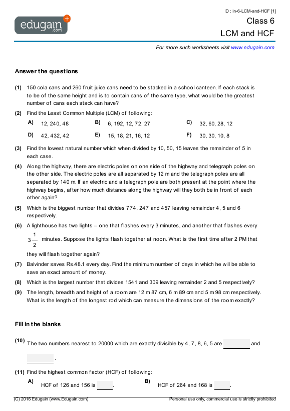 Year 6 Math Worksheets And Problems  Lcm And Hcf