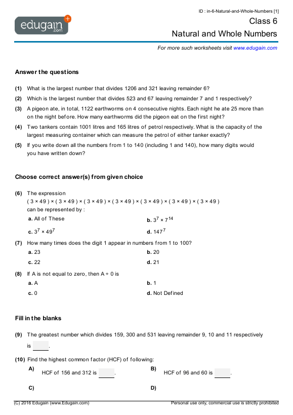 Grade 6 Math Worksheets And Problems  Natural And Whole Numbers