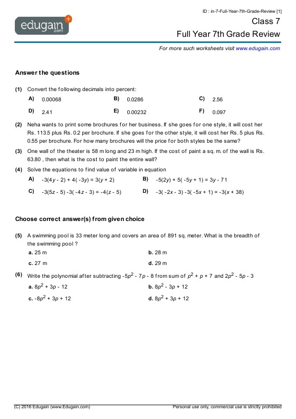 7th Grade Math Review Worksheets