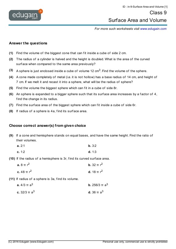 Surface Area And Volume Worksheets Grade 10
