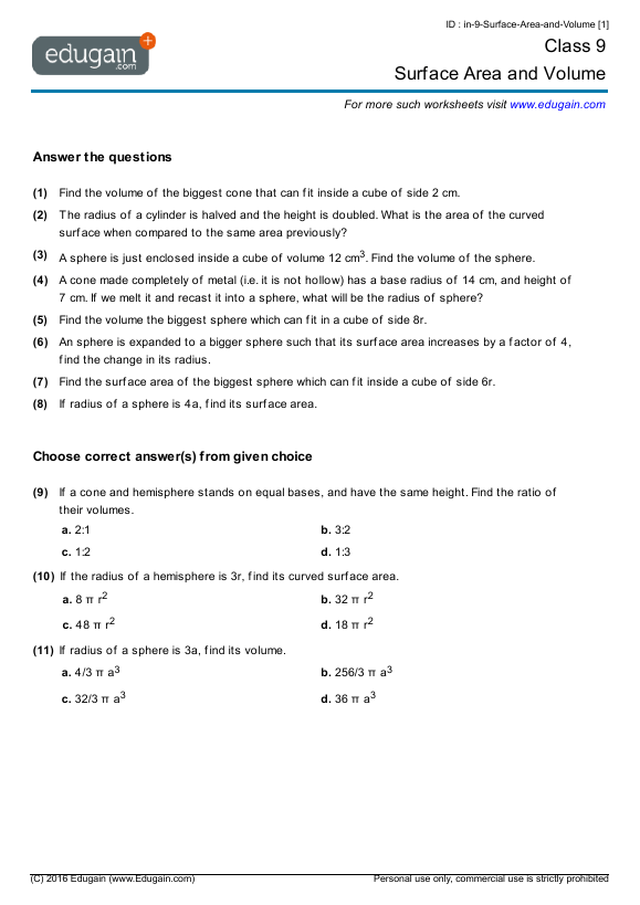 Year 9 Math Worksheets And Problems  Surface Area And Volume