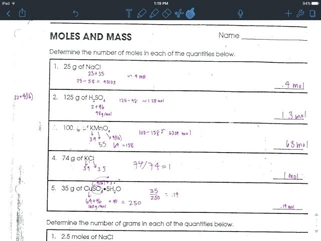 Moles Worksheet Answers