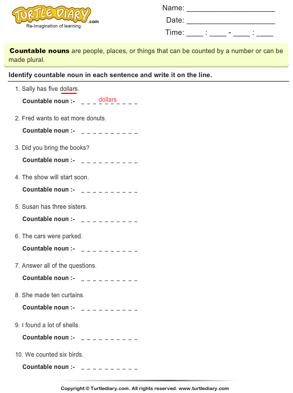 Identify Countable Nouns In A Sentence Worksheet