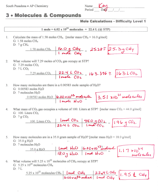 Mole Calculation Worksheet Answers