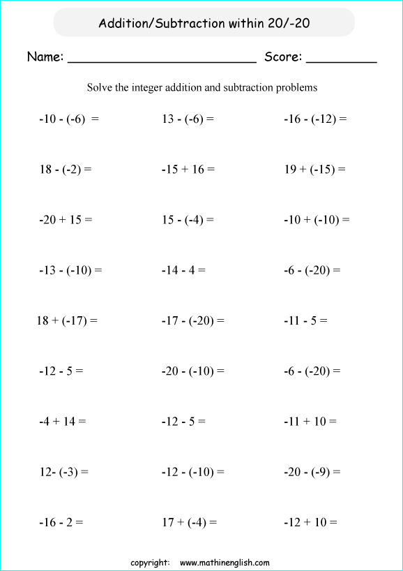 Adding Integers Practice Worksheet  Addition  Alistairtheoptimist