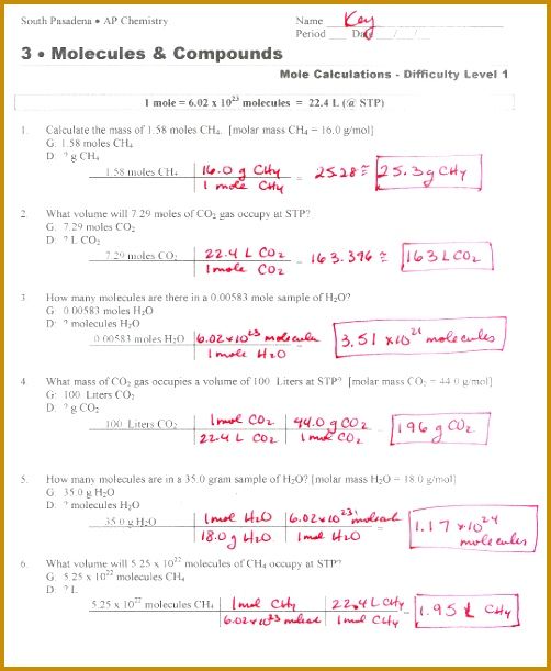 Mole To Grams Grams To Moles Conversions Worksheet Answer Key