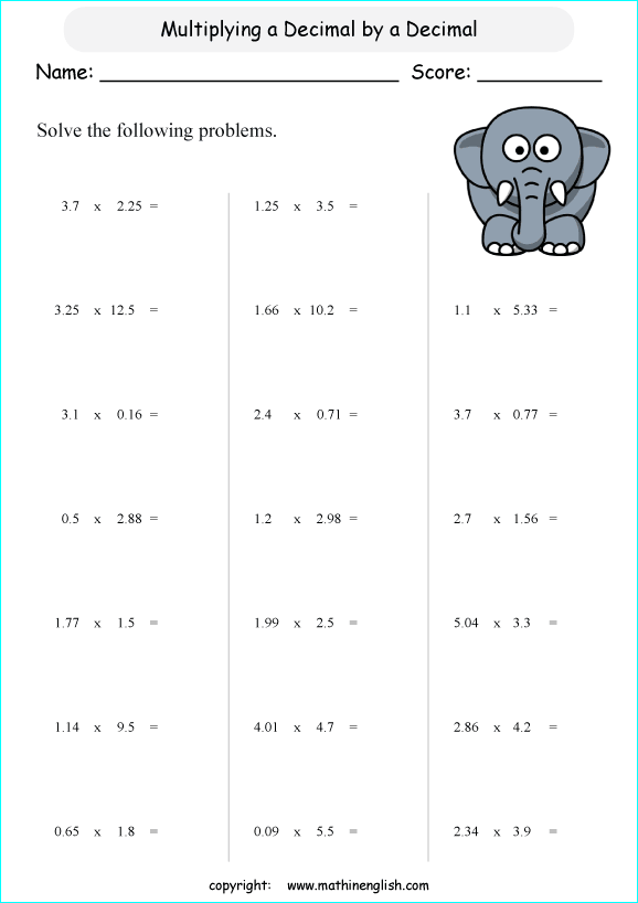 Multiply Decimals By Decimals Math Decimal Worksheet For Grade 6