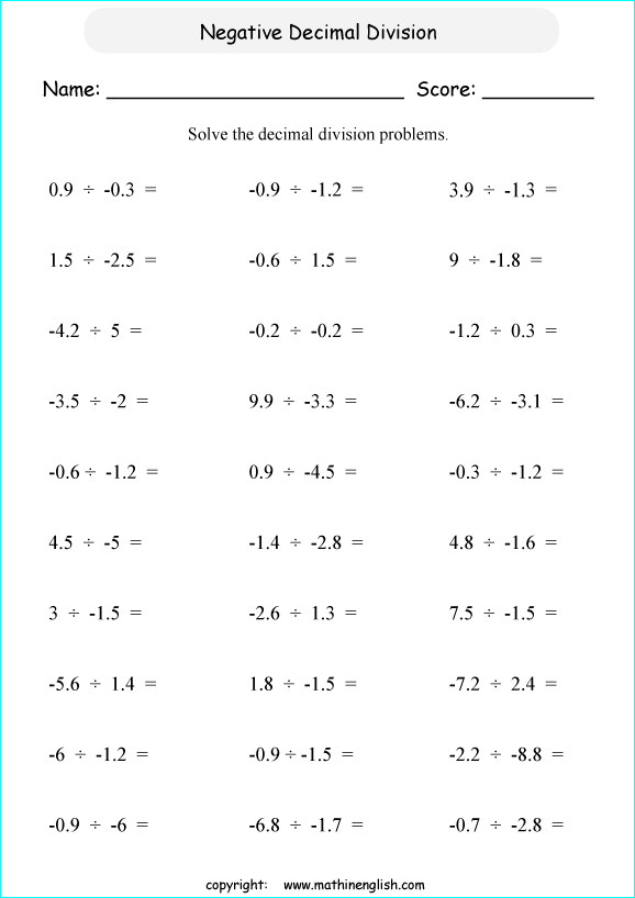 Division Of Negative Decimals Worksheet For Grade 6 Students