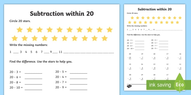 Subtraction Within 20 Worksheet   Worksheet