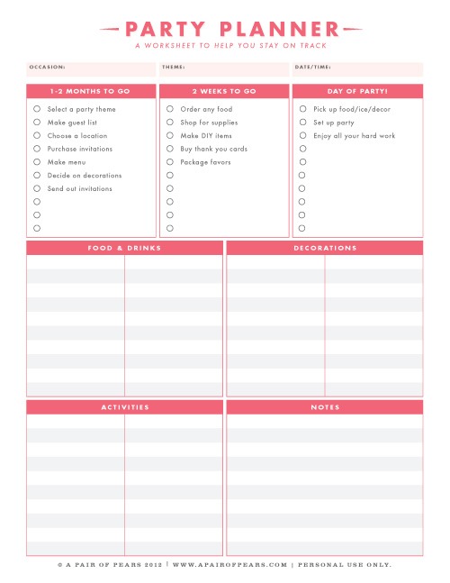 Party Planning Worksheets