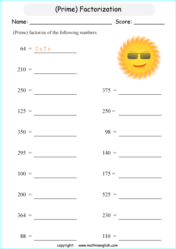 Prime Factorization Worksheet Of Numbers Up To 1 000 Grade 6 Math Worksheets Samples