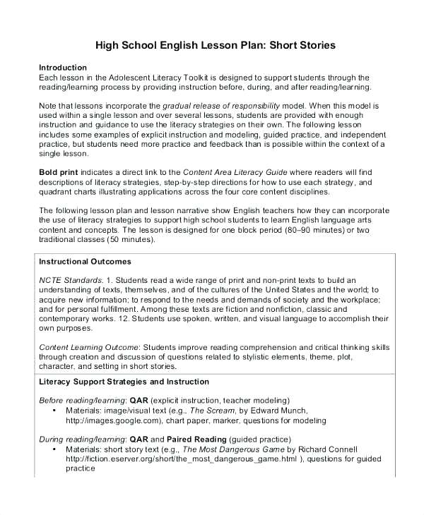Short Story Lesson Plan High School Lesson 1 2 Short Story Writing
