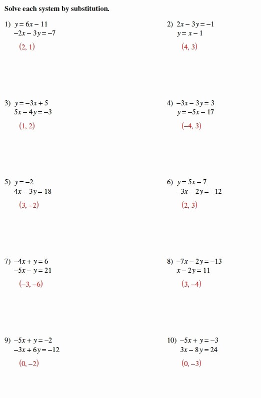 Solving Systems Of Equations By Substitution Worksheet Answers