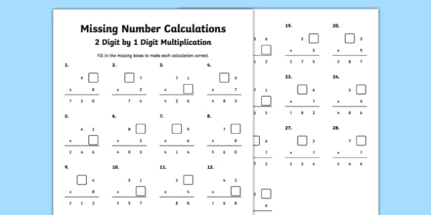 Missing Number Calculations 2 Digits By 1 Digit Multiplication