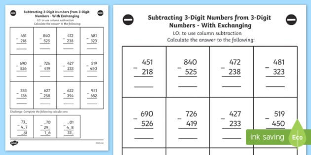 Subtracting 3 Digit Numbers From 3 Digit Number Worksheet Year 3