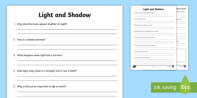 Light And Shadows Questions Worksheet