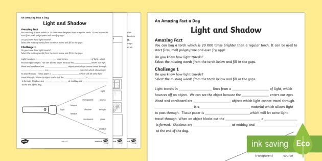 Light And Shadow Worksheet   Worksheet