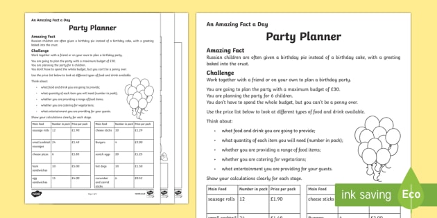 A Party Planner Worksheet   Worksheet