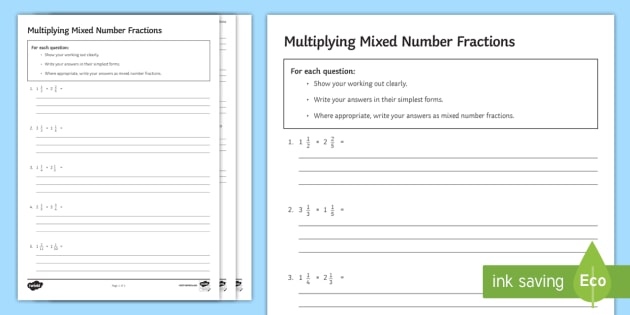 Multiplying Mixed Number Fractions Worksheet   Worksheet