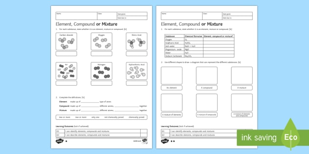 Ks3 Element, Compound Or Mixture Homework Worksheet   Worksheet