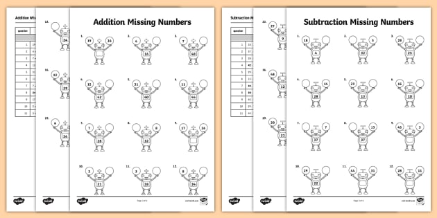Addition And Subtraction Missing Numbers Robot Themed Worksheet