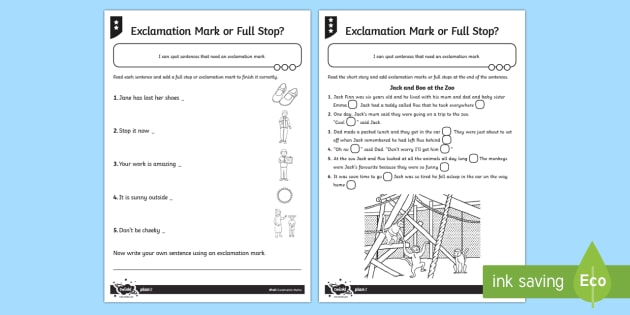 Exclamation Mark Or Full Stop Differentiated Worksheet   Worksheet