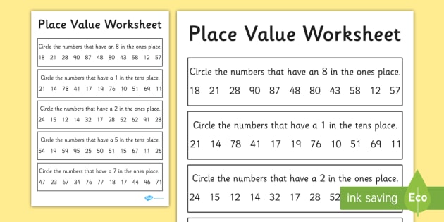 Place Value Worksheet   Worksheet 2 Digits