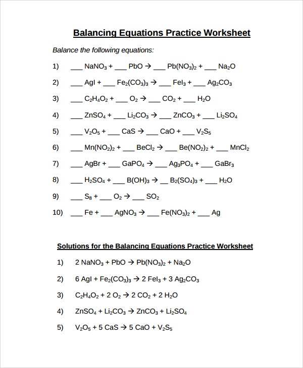 Balancing Chemical Equations Practice Worksheet  Equations