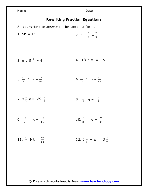 Two Step Equations With Fractions Worksheet  Fractions