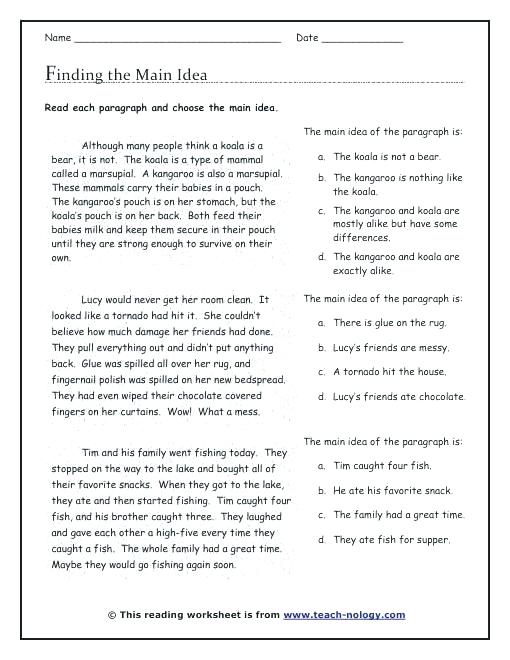 4th Grade Main Idea Worksheets Multiple Choice Main Idea
