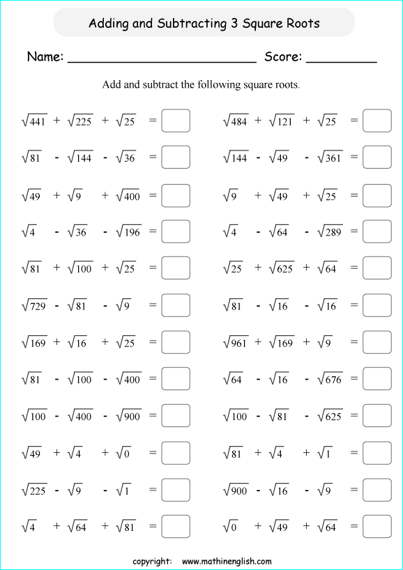 Add Or Subtract 3 Perfect Square Roots Math Worksheet Or Grade 6