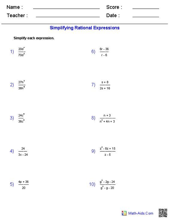 Simplifying Rational Expressions Worksheets