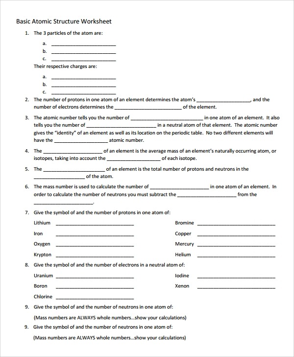 Sample Atomic Structure Worksheet